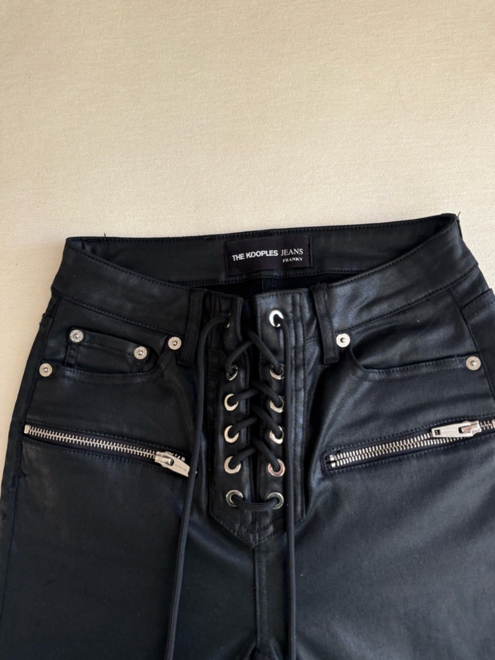 The Kooples Black Lace-Up High-Waist Leather Jeans
